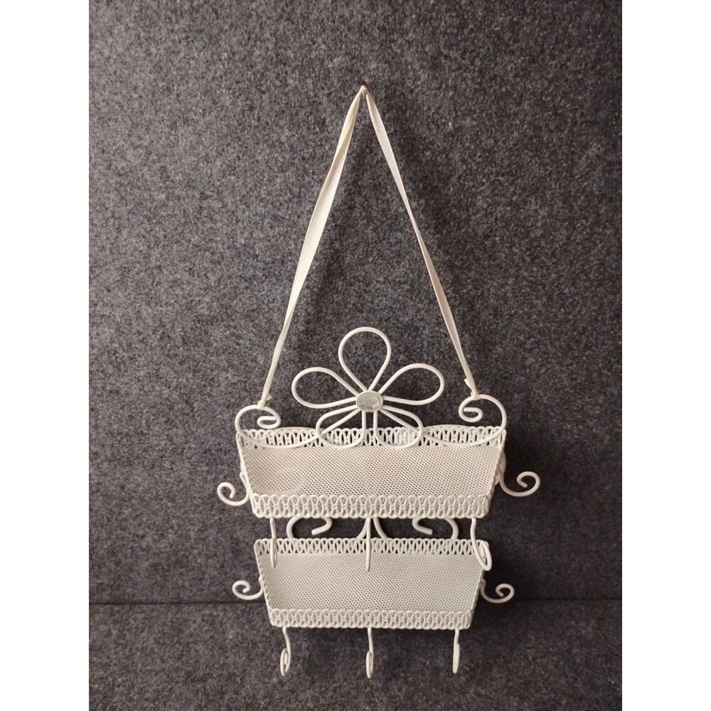 Vintage White Metal 2 Tiered Jewelry Cosmetics Shelf w Scroll Floral Design